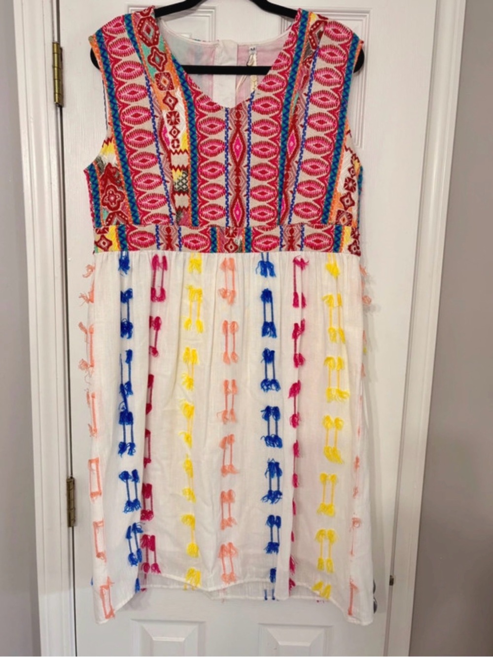 Uncle Frank White Midi Dress with Pink, Blue & Yellow Embroidery